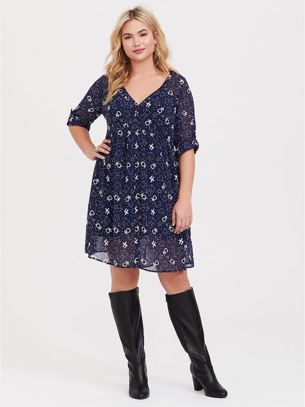 Torrid X Sailor Moon Celestial Symbols Chiffon V-Neck Button Front Shirt Dress